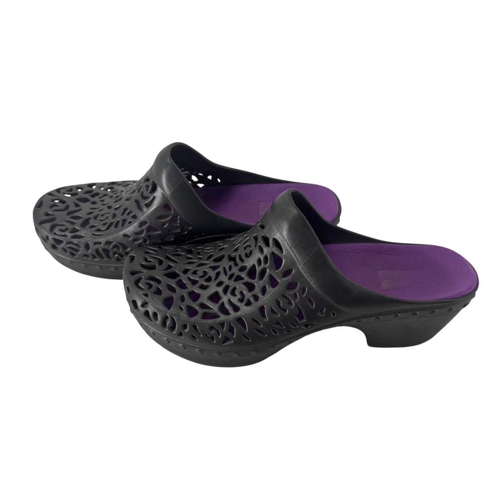 Dansko Laser Cut Clog Mules Gray Purple Floral Filigree Slip On Shoes Womens 39 - Picture 6 of 11